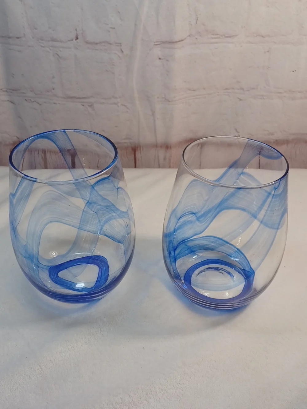 pier 1 imports hand blown blue swirl stemless glasses set of 2 art glass tumbler